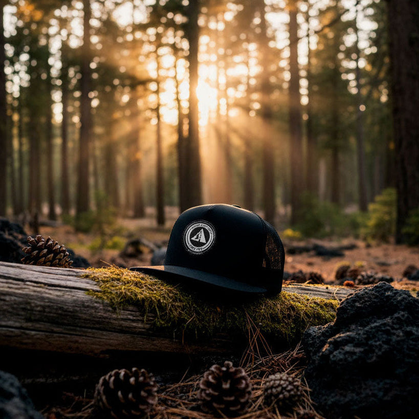 Profile Design Black cap with a logo on a log in a forest with sunlight filtering through the trees